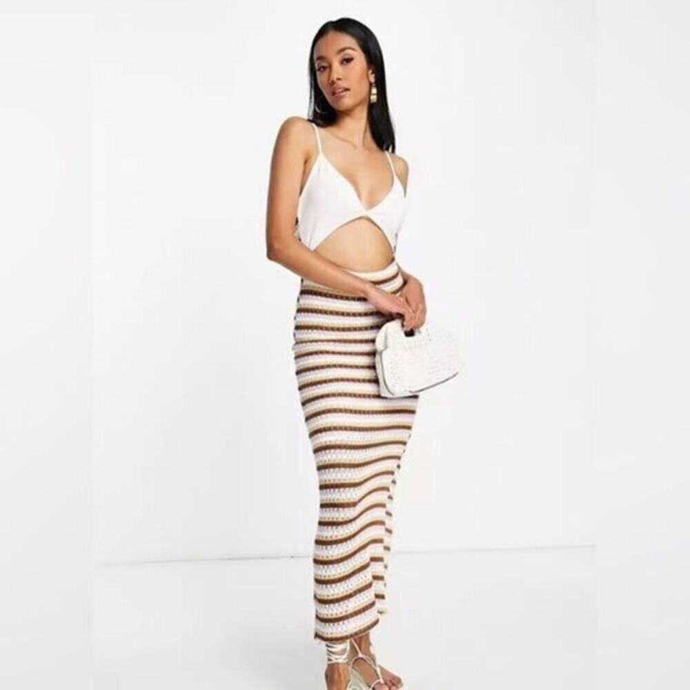 ASOS TAN BROWN CROCHET CUTOUT MIDI DRESS